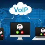 VoIP voice over IP illustration smartphone laptop network. Voip call flat concept design. Voice over ip internet video telephony data cloud laptop and mobile cellphone. Vector illustration